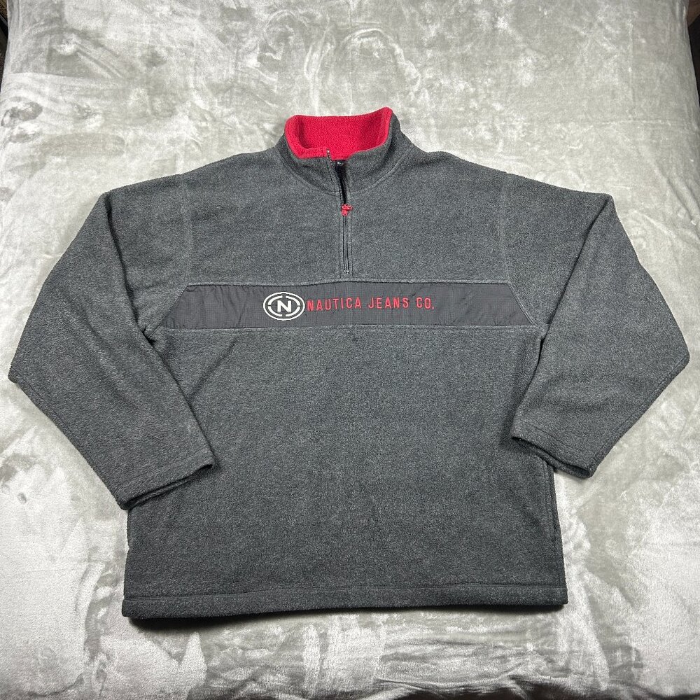 Nautica Jeans Co. 1/4 Zip Pullover Men's XXL Grey Red VTG 90's Fleece Outdoors